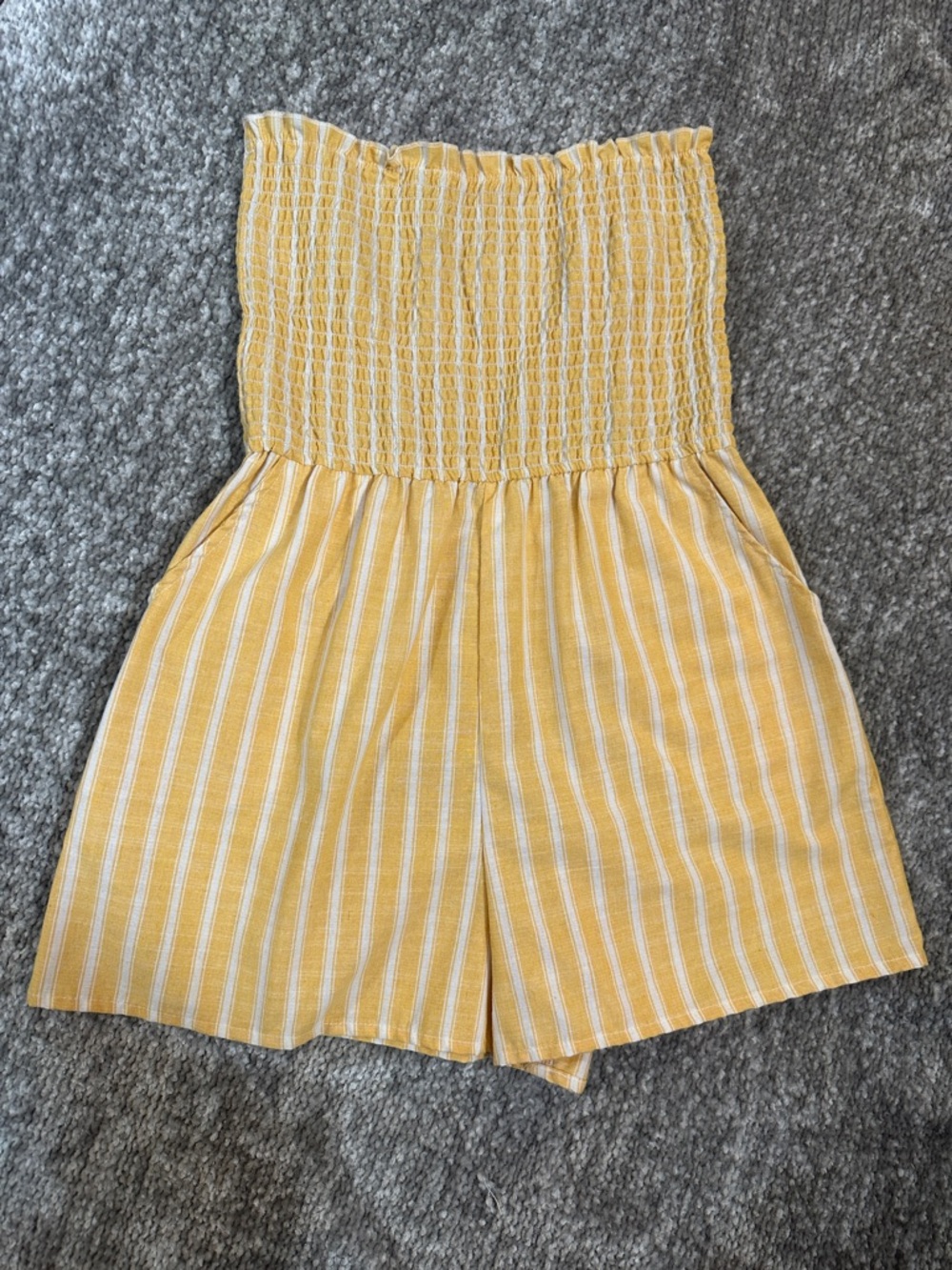 EEUC love tree Yellow Striped linen Smocked top strapless Romper sm
